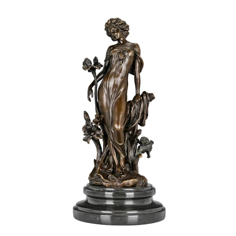 Flower Goddess Bronze Sculpture Pretty Woman Female Statue Antique Brass Figurine Art Home Decor Anniversary Gift