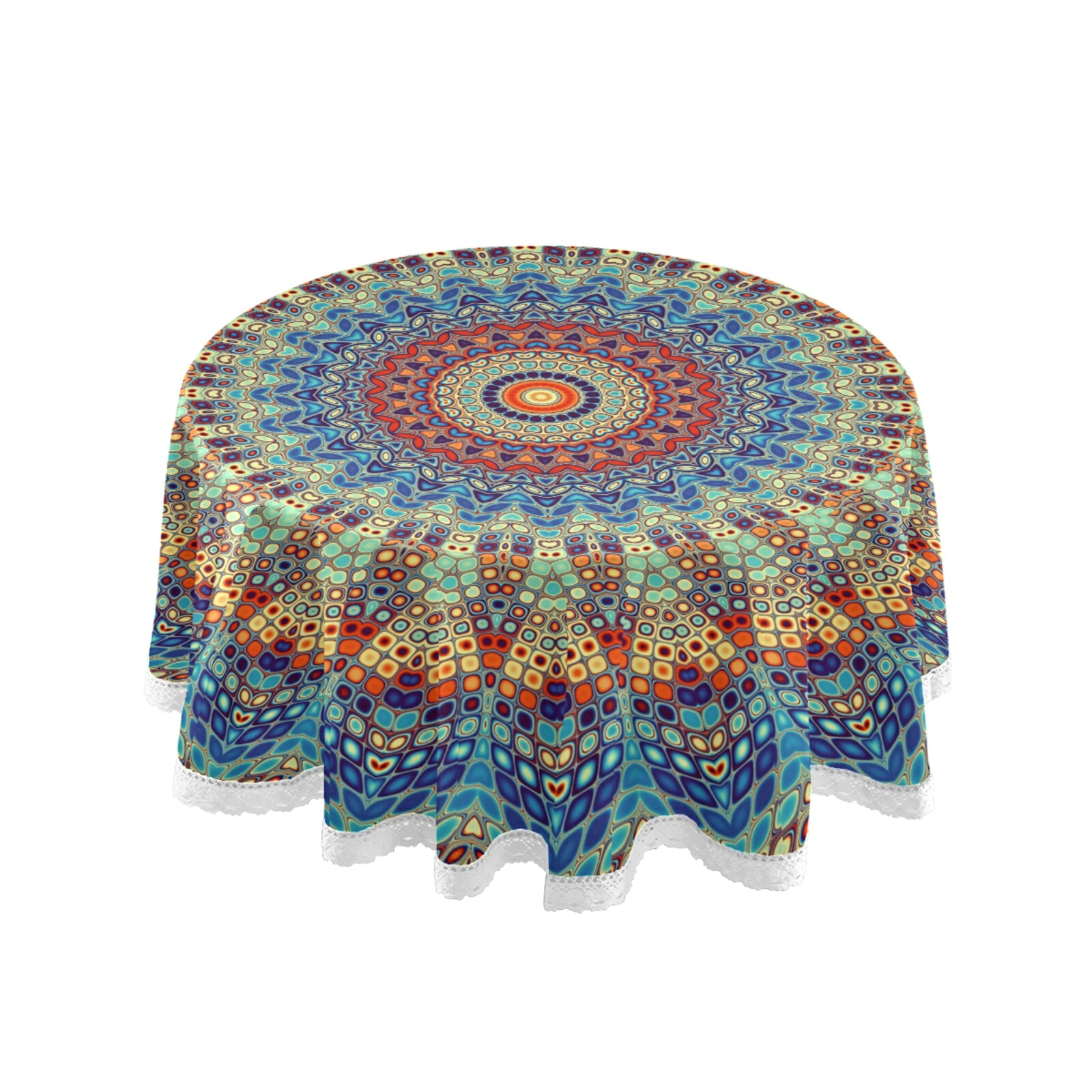 Round Tablecloth Bohemia Mandala Pattern Washable Polyester Circular Table Cover For Kitchen Dining Party Tabletop Decor 60 Inch