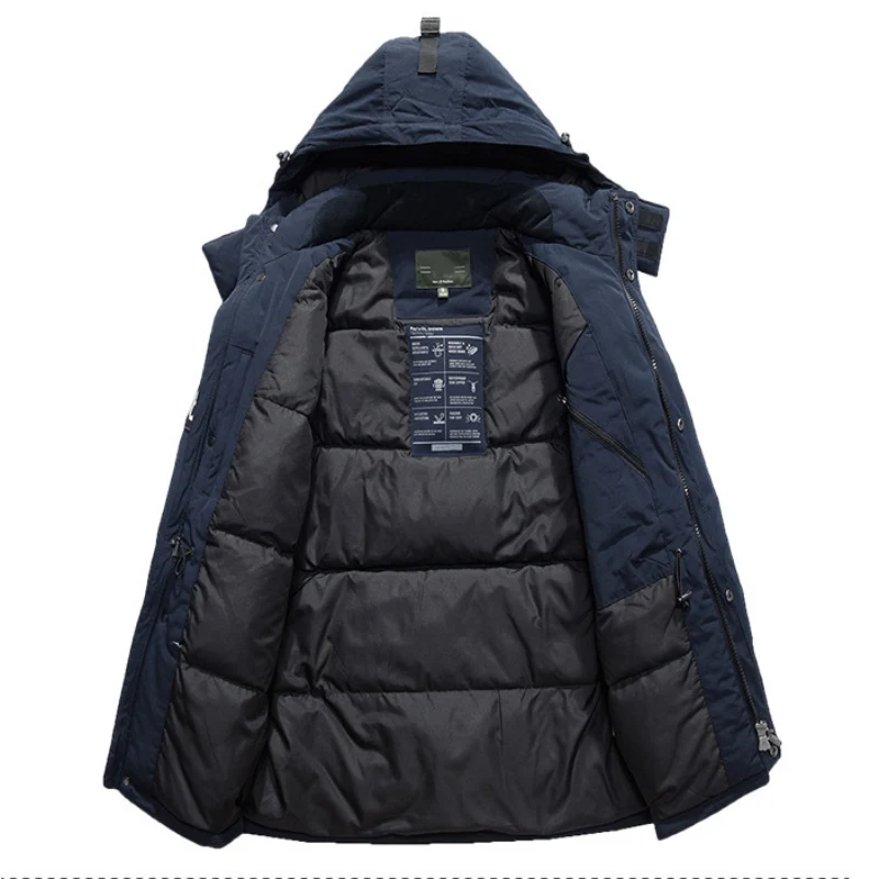 Men's Fashion Casual Down Jacket Mid-length Thick White Duck Down Winter Warm Hooded Large Fur Collar Jacket