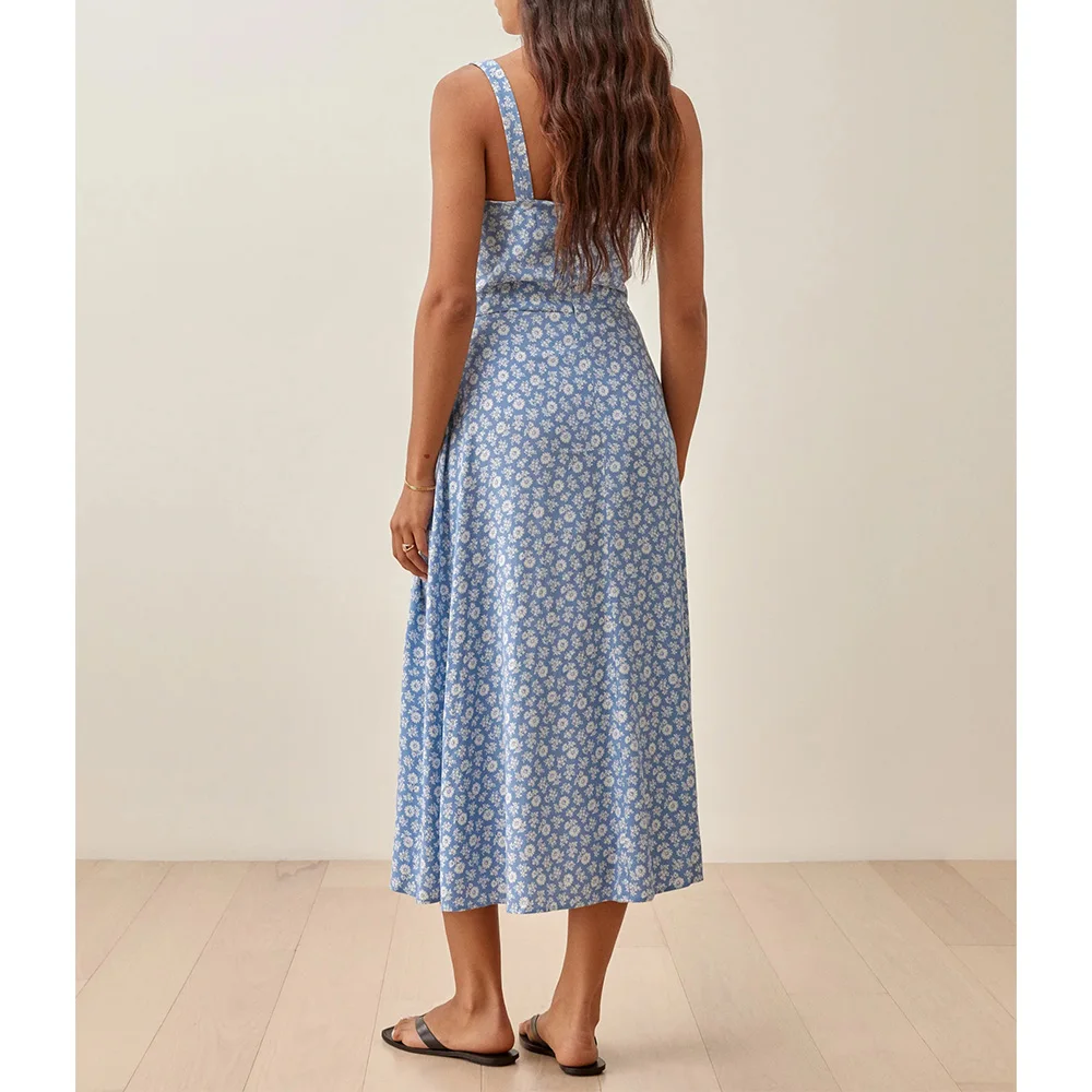 Summer Clothes For Women 2021 Dresses Square Neck Sleeveless Strap Floral Midi Dress Button Front High Slit Vacation Beach Dress