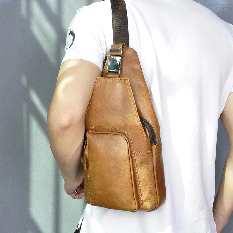 Men Crazy Horse Leather Casual Travel Chest Sling Bag Design Vintage One Shoulder Bag Cross-body Bag Day-pack For Male 8086