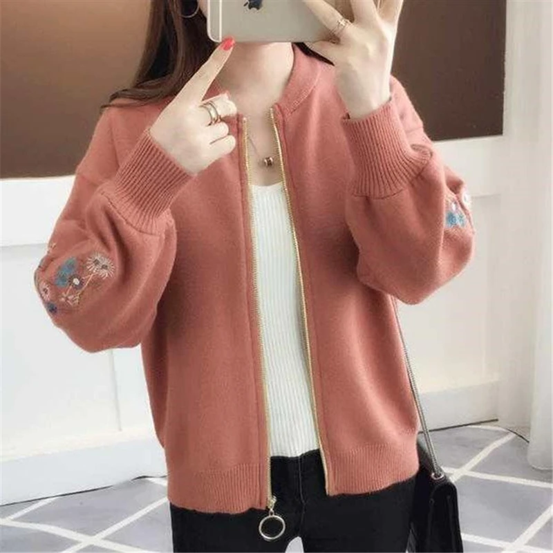 Casual Embroidered Zipper Knitted Coat Women Korean O-Neck Long Sleeve Sweater Cardigan Spring Fashion Knit Baseball Jacket Tops