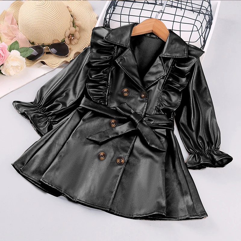 2021 New Girls PU Coat Windbreaker Leather Jacket Autumn Winter Children Wear Double Breasted Girls Long Sleeve Windbreaker Coat