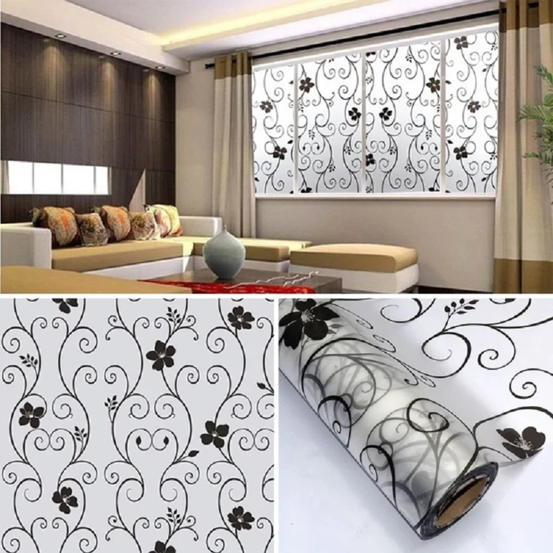

Frosted Black Floral Pattern Glass Film Waterproof Home Decoration Window Glass Sticker Film