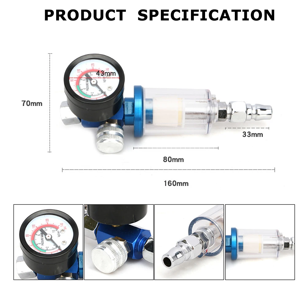 Oil Water Separator Filter Separator G1/4 Spray Gun Air Regulator Pressure Gauge with JP/EU/US Adapter for Spray Gun Air Tool