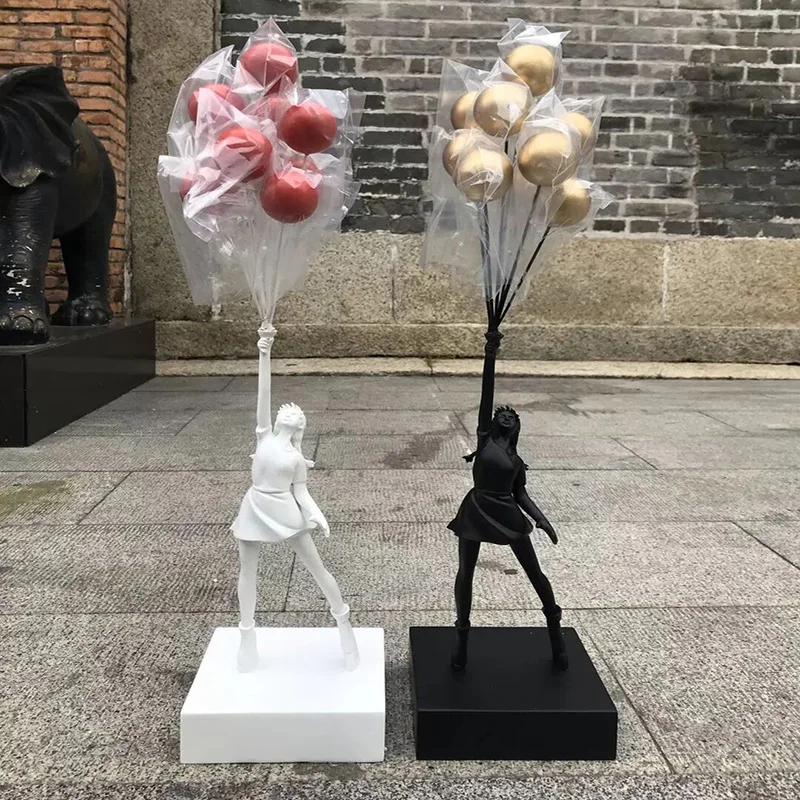 58CM Banksy Art Balloon Girl Statues Banksy Healing Flying Balloon Girl Sculpture Resin Craft Home Living Room Decor Gift