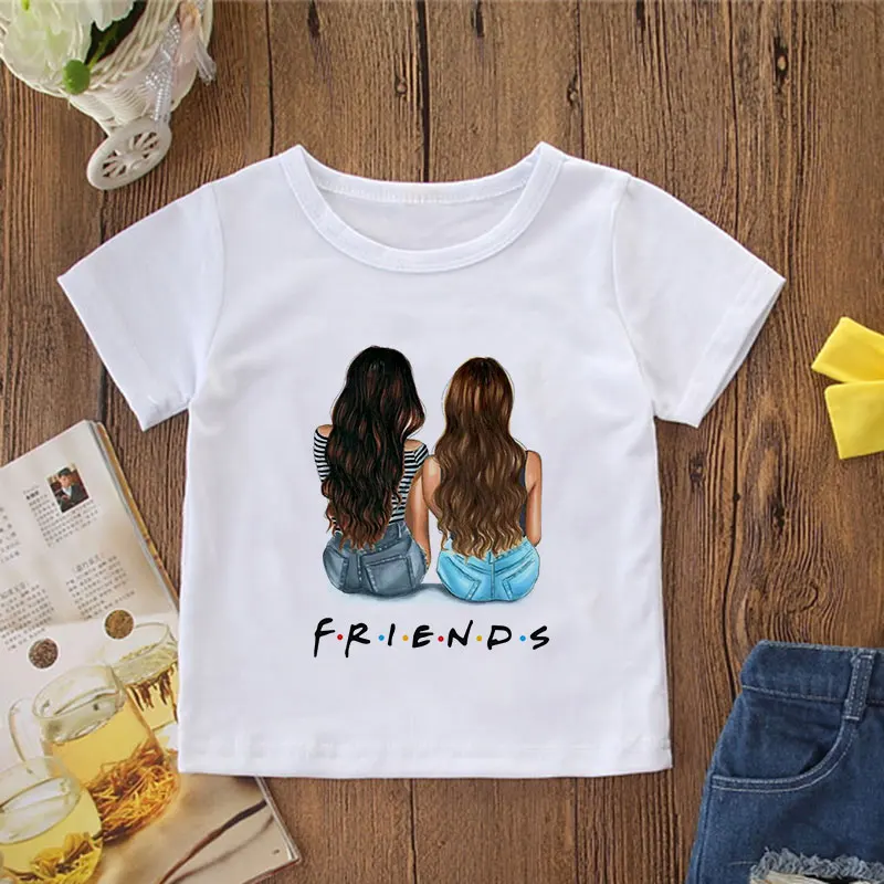 Sisters New Summer Girls T Shirts Friends Print Baby Top Harajuku Girlfriends Children T-shirts Round Neck White Short Sleeves