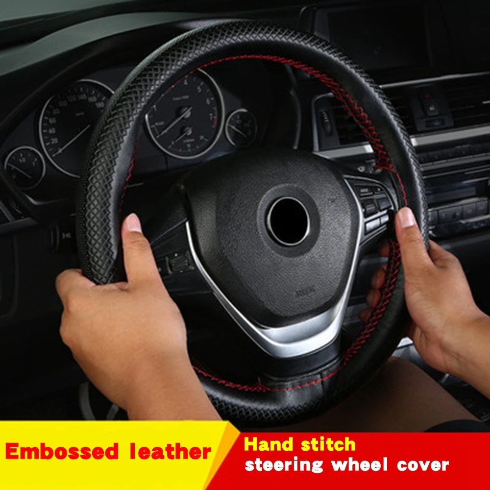 

38cm DIY Steering Wheel Cover Wear-resistant Soft Cowhide Genuine Leather Car Steering-Wheel Braid With Needles Thread