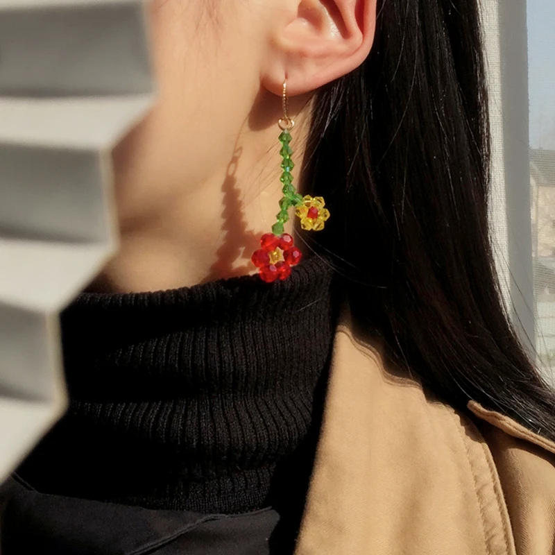 HangZhi New Korean Resin Color Stereoscopic Transparent Flowers Beaded Crystal Long Drop Earring For Women Girl Hot Jewelry Gift