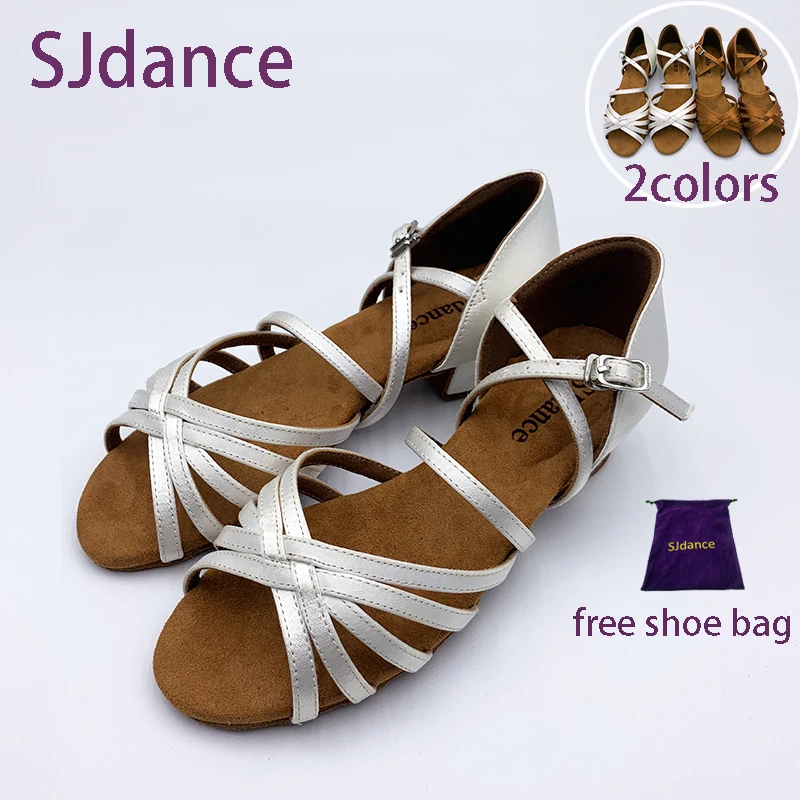 SJdance Kids Dance Shoes Satin Sandal Girls Latin Dancing Shoes pro Soft Sole white competition dark tan comfortable stable heel