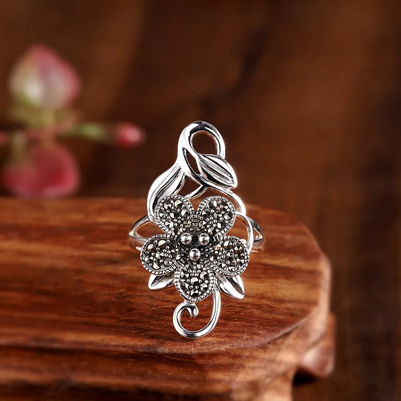 Uglyless Exaggerated Performance Dress Jewelry for Women Real 925 Silver Open Rings Personalized Long Wide Hollow Flowers Rings