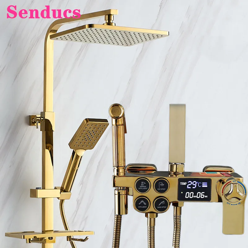 Digital Shower Set for Four Function Gold Thermostatic Shower System Rainfall Shower Head Copper Bath Faucet Digital Shower Sets