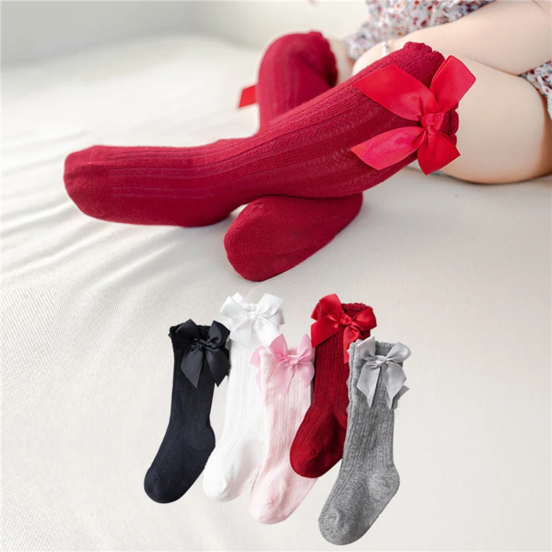 

2pair Baby Girls Tube Socks Cute Bow Knot Knee High Child Socks Fashion Breathable Solid Color Kids Sock Girl Infant