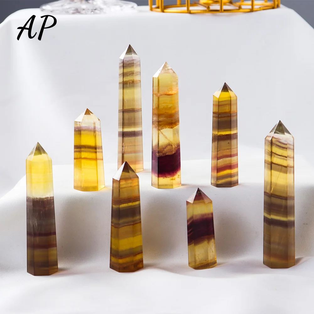 1pc Natural Crystal Yellow Striped Fluorite Magic Point Health Energy Gem Hexagonal Ornament Yellow Fluorite Crystal Column