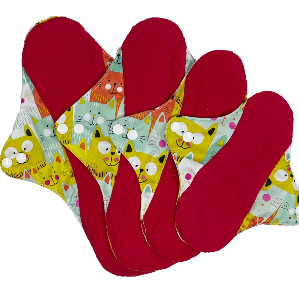 reusable cloth pads for periods, red micro-fleece inner menstrual pad with wings, 4 sizes women sanitary day and night pads