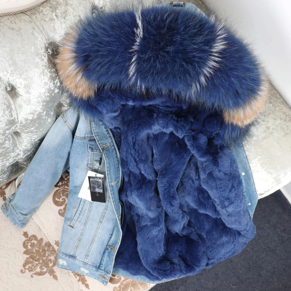 

MENINA BONITA 2022 Winter Jacket Women Real Fur Coat Parka Real raccoon collar Rex Rabbit striped bomber Denim jacket Streetwear