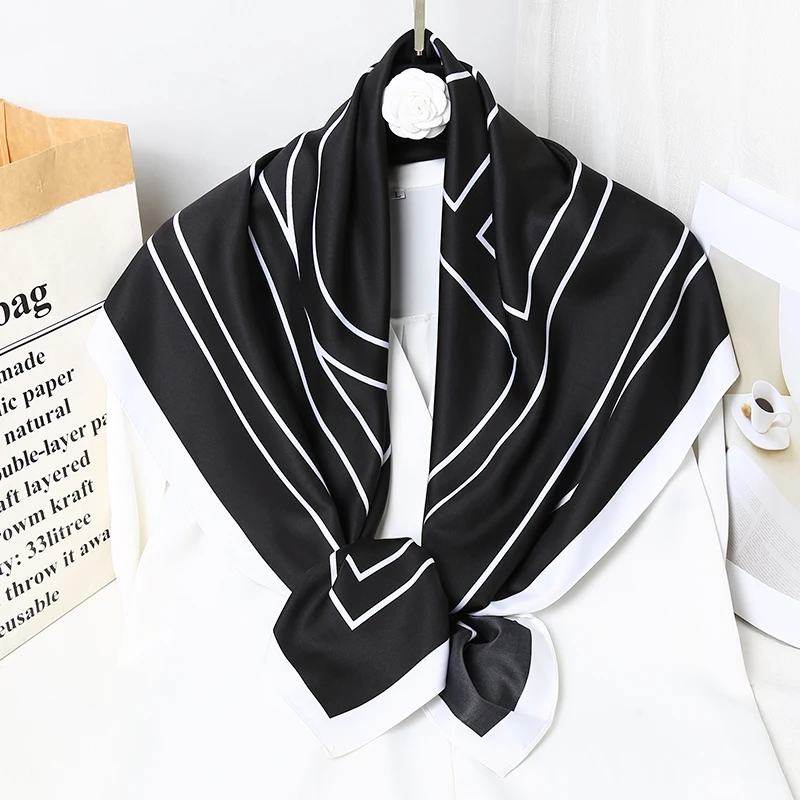 Spring Autumn Travel Beach Women Shawl Hair Accessories Geometric Figure Stripe Twill Silk Square Bandana Hijab