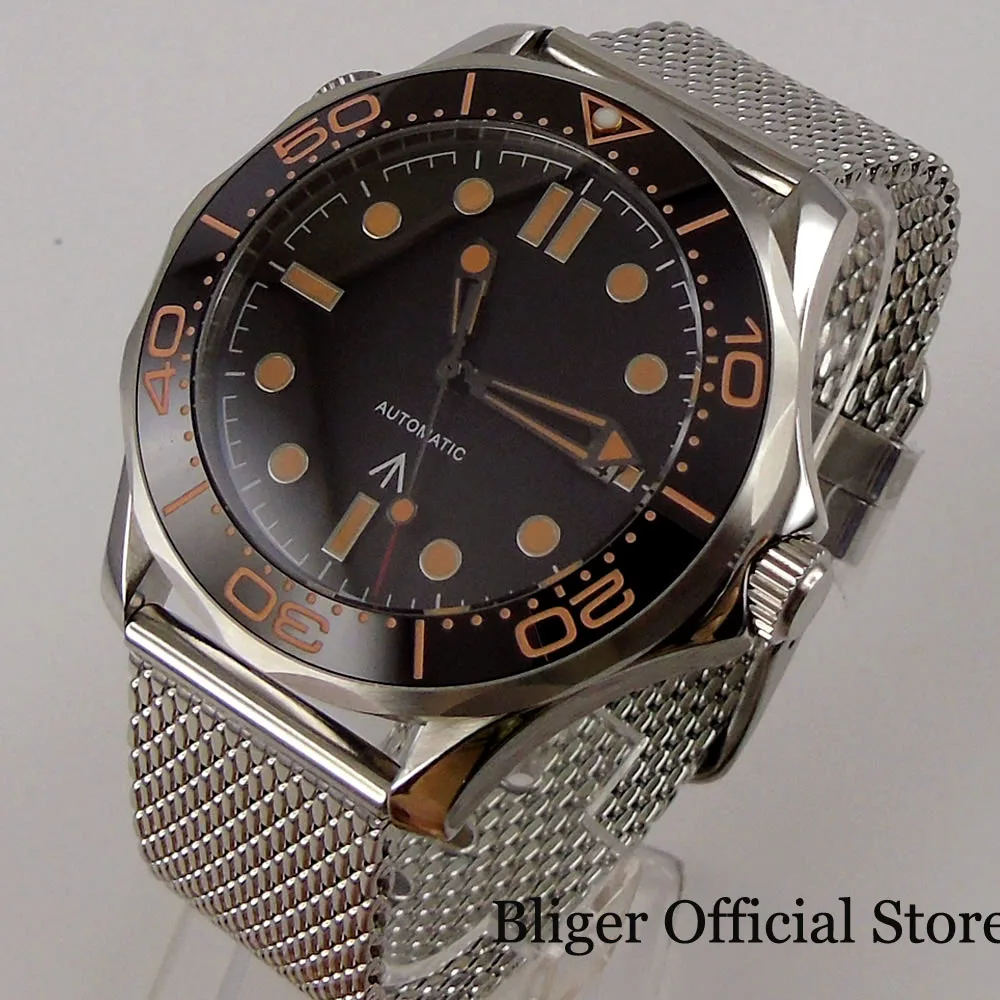 BLIGER 41mm Mechanical Men Watch Sapphire Glass Date 24 Jewel NH35 PT5000 MIYOTA 8215 Stainless Steel Mesh Band Rotating Bezel