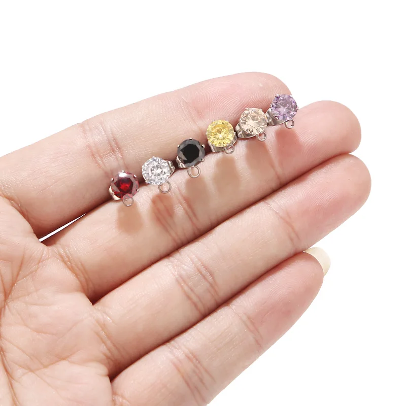 TOUREDBEADS 10pcs Stainless Steel Earring Posts with loop 6mm Clear Black Red Pink Zircon Stone Earrings Base Finding Components