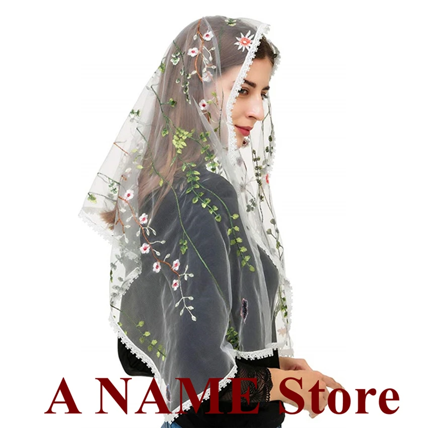 Rectangle Mantilla Veils for Church Catholic Women HeadCovering Scarf Latin Mass Embroided Floral Lace Vintage Velo Mantille