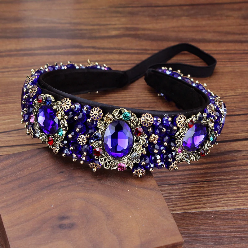 Luxury Royal Blue Crystal Baroque Headbands Handmade Diamante Vintage Hairbands For Women Wedding Hair Accessories