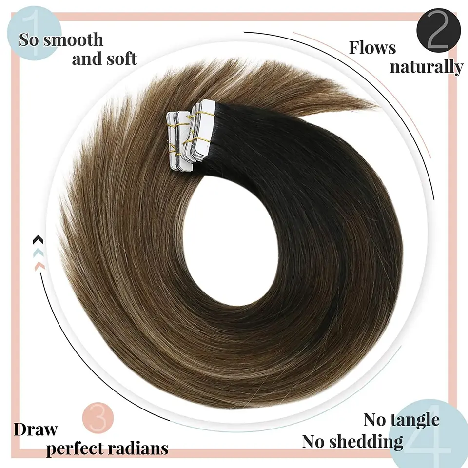 VeSunny Tape en Extensiones de Cabello Humano Seamless Skin Weft Extensiones de Cabello Doble Cara Balayage Color de Cabello Adhesivo Sedoso 4