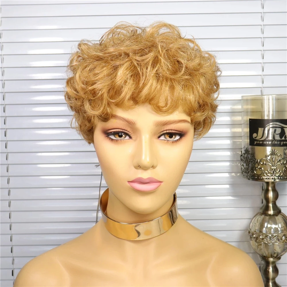 

27# Blonde Color Loose Curly Pixie Cut Short Human Hair Wigs Full Machine Made Wigs Brazilian Remy Human Hair Wigs For Women