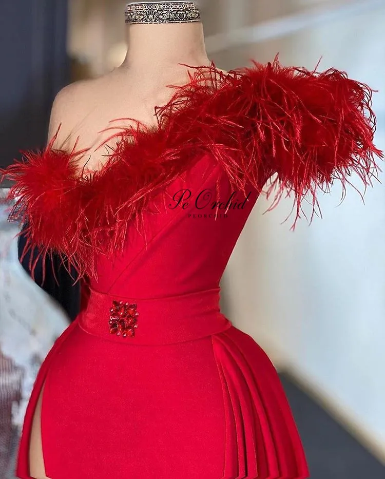 PEORCHID Elegant Mermaid Evening Dress Red Feathers Beaded One Shoulder Dubai Formal Gowns For Women Feest Jurken Designer 2020