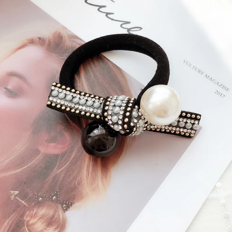 Retro light luxury black and white pearl head rope hair tie knotted Korea Dongdaemun rubber band ball hair rope hairaccessories