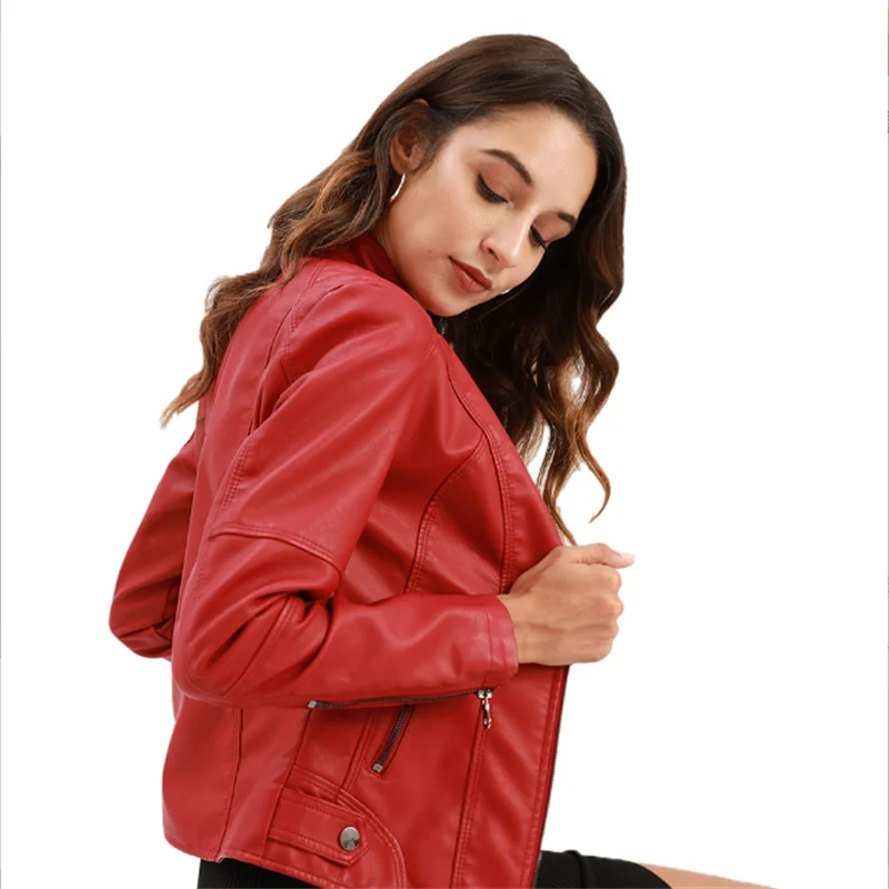 Imagem -03 - Jaqueta de Couro Feminina 2023 Outono Primavera Moto Motociclista Jaqueta com Zíper Vermelho Preto Damasco Café Cabolsa Senhoras Outerwear Marrom