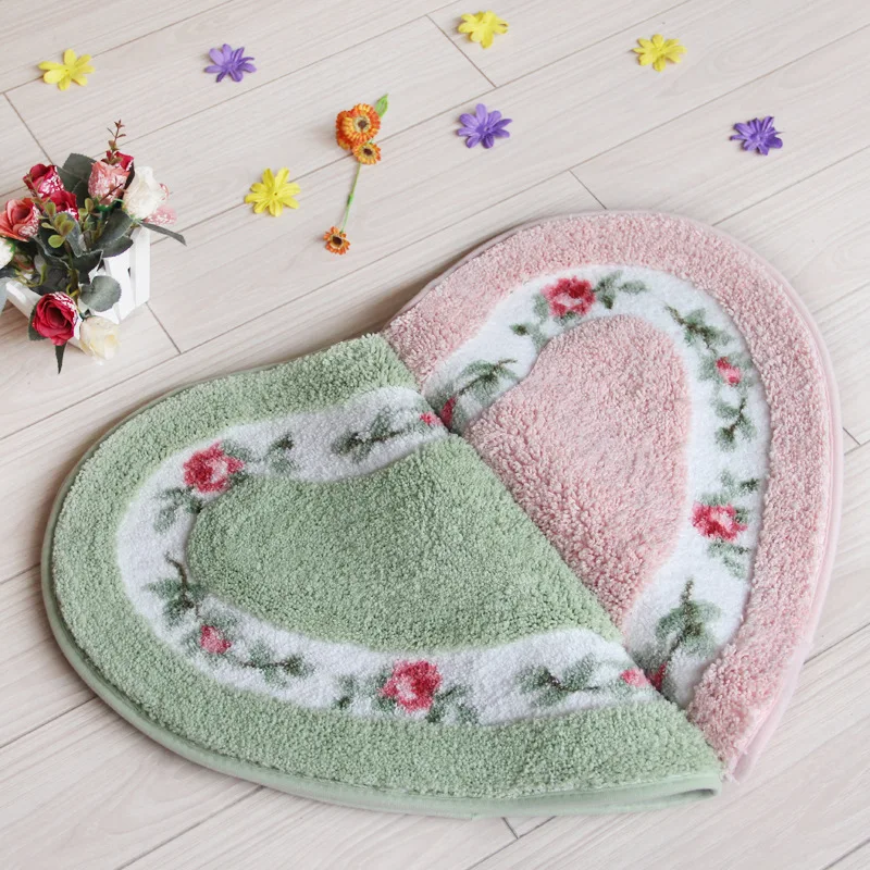 Heart Shape Nonslip Bath Mat Embroidered Toilet Rug Kit Water Absorption Door Mat for Bathroom Toilet Bedroom 2 Sizes Floor Mat