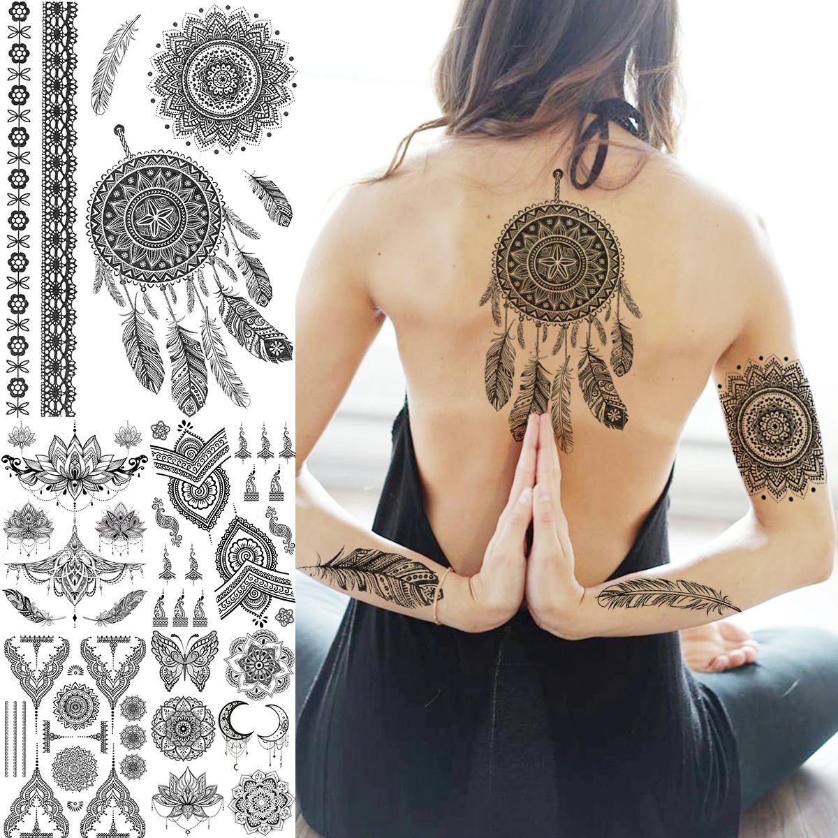 3D Mandala Henna DreamCatcher Temporary Tattoos For Women Adult Lace Pendant Feather Arm Fake Tattoo Sexy Washable Tatoo Sticker