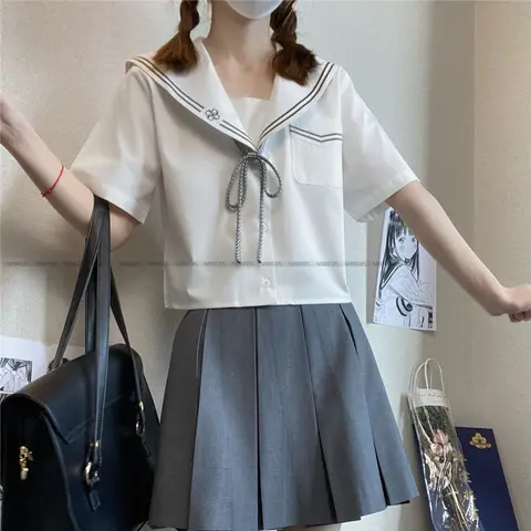 일본 JK 제복 중학교 선원 복장 두 줄 간사이 흰색 반팔 셔츠 소녀 여름 학생을위한 주름 치마