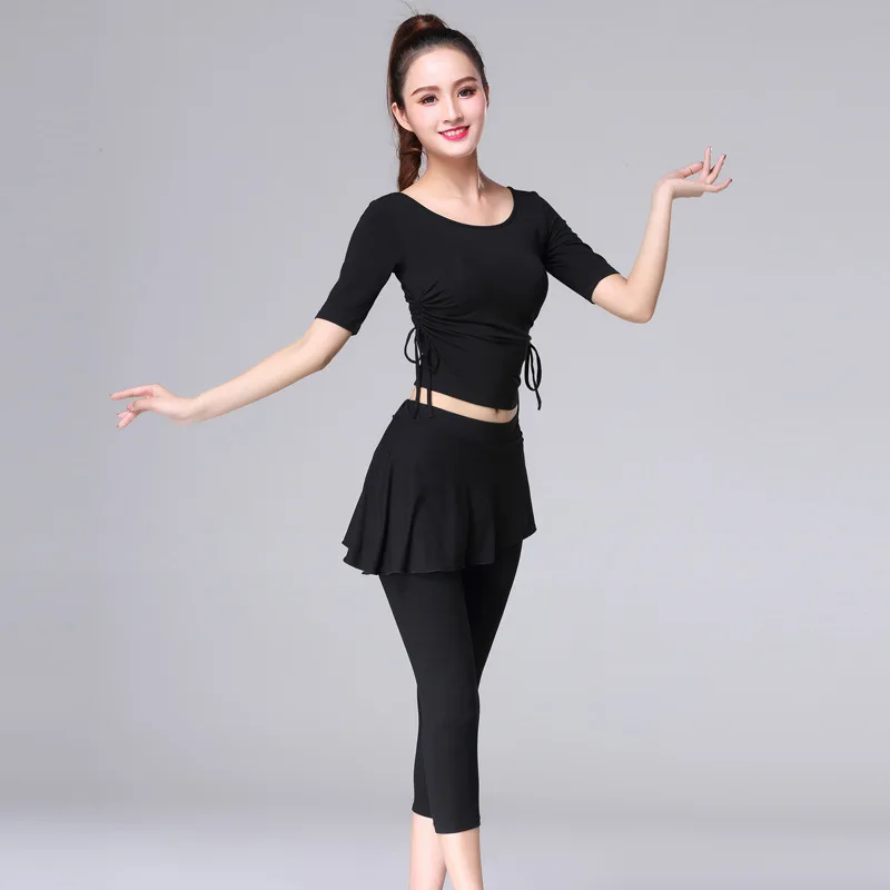 Short Sleeve Latin Dance Tops+pants Suit Practice Clothes Drawstring Female Modern Dance Ballroom Tango Cha Cha Rumba Costumes