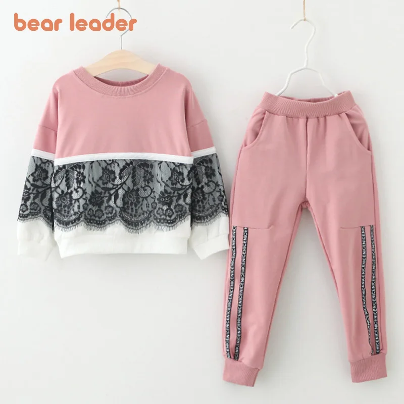 Líder urso-conjunto de roupas para meninas de 3 a 7 anos, com rendas, com estampa dos desenhos animados, moletons e calças, nova primavera