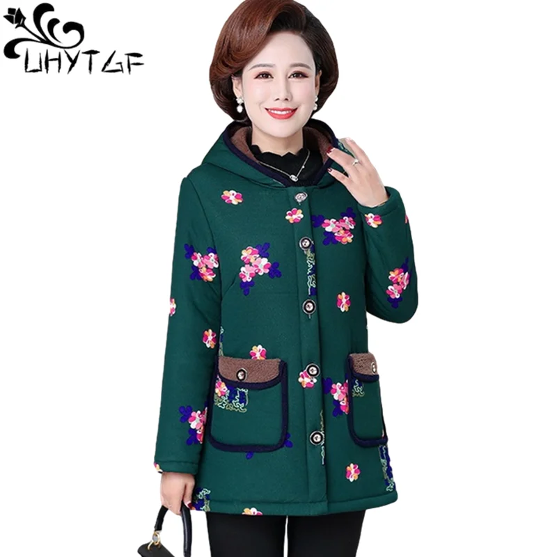 UHYTGF Middle-Aged Elderly Autumn Winter Cotton Coat Women Printed Hooded Casual Warm Jacket 5XL Big Size Parker Female 1438