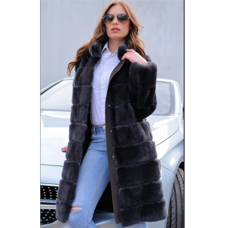 Femmes hiver mode longue Rex manteau de fourrure de lapin gris foncé naturel véritable fourrure de lapin col montant veste femme pardessus