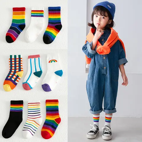3 par/pack Otoño Invierno nuevos calcetines para niños y niñas Arco Iris rayas en tubo calcetines de marea bebés niños calcetines deportivos de algodón