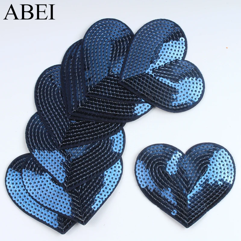 10pcs Embroidered Royal Blue Patches Iron On Sequined Heart Patch Glittle Fabric Appliques For Jeans Backpack Shoes Coats Pants