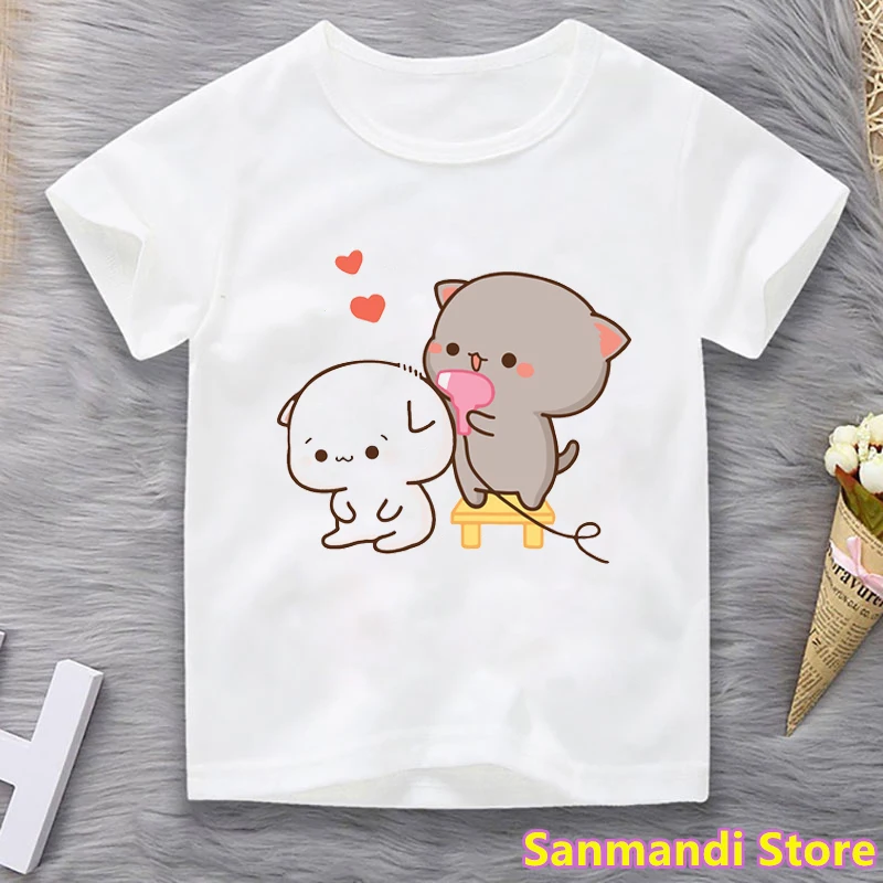 Peach Cat Love Donuts Cartoon Print Tshirt Girls/Boys Kids Clothes Birthday Gift Tops For Girl/Boys Children Clothing T-Shirt