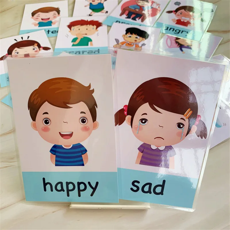 Tarjetas de aprendizaje de inglés Montessori para bebés, tarjetas Flash de emociones de dibujos animados para niños, juguete educativo para edades tempranas, juego de memoria para niños, 14 Uds.