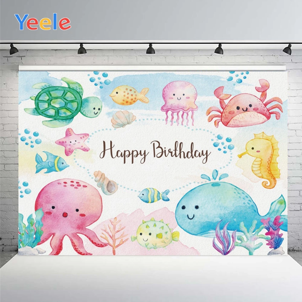 

Yeele Watercolor Baby Birthday Party Fish Whale Dolphin Birthday Party Starfish Poster Photo Background Photography Backdrops