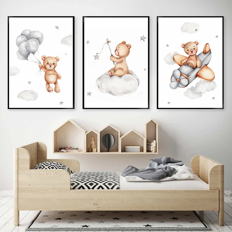Nordic Bear Cloud Moon Star Wall Decor Art Painting on Canvas Room Decor Print Pictures Anime Posters for Infant Baby Bedroom