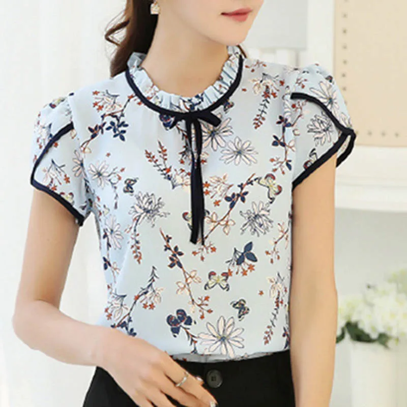 

Fashionable Elegant Women Floral Print Blouse Short Sleeve Loose Chiffon Shirt For Daily Office 2023 New Casual Plus Size