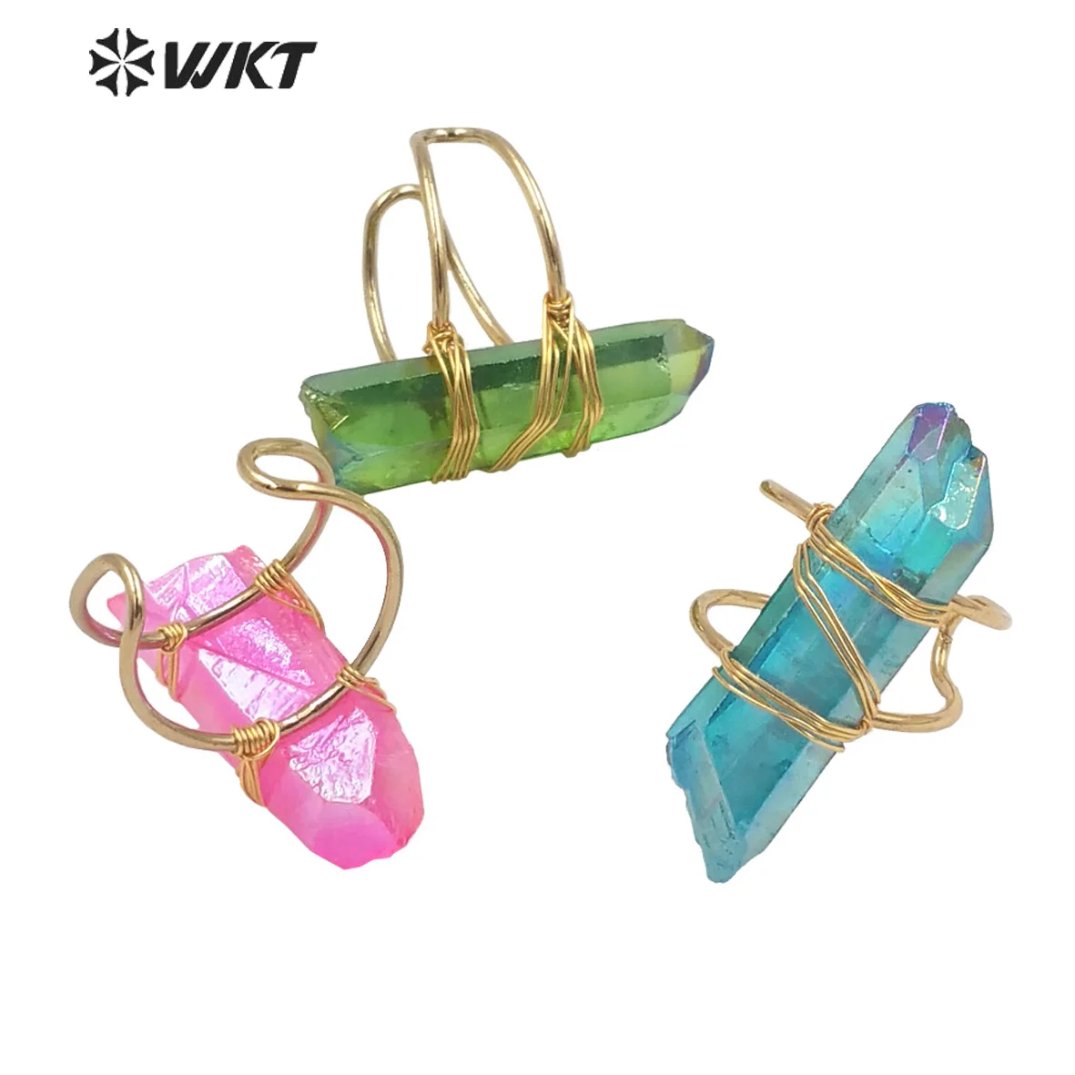 WT-R392 WKT Rock Style Adjustable Size Rings Natural Stones Colorful Crystal Gold Wire Wrapped Aura Quartz Women Jewelry