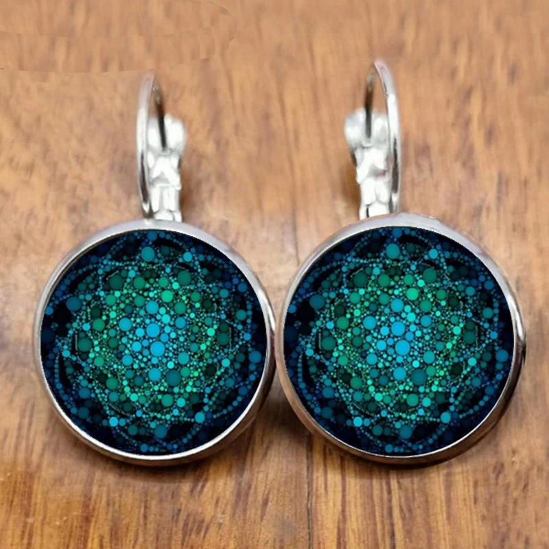 Charm Mandala Earrings Glass Earrings Copper Color, OM Symbol Buddhist Zen Henna Yoga Earrings Women\'s Jewelry