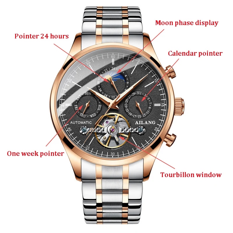 AILANG Automatic Mechanical Watches Men Waterproof Moon Phase Business Male Tourbillon Watch Stainless Steel Relogios Masculinos