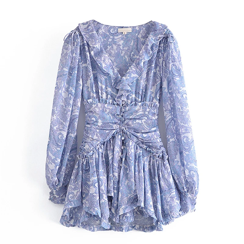 YENKYE Summer Ｗomen Ruffle V Neck Long Sleeve Floral Print Boho Short Dress Ladies Vintage Fairy Robe Holiday Vestido