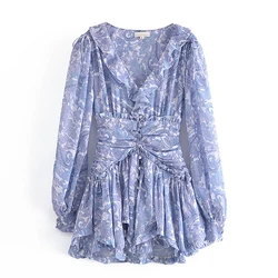 YENKYE Summer Ｗomen Ruffle V Neck Long Sleeve Floral Print Boho Short Dress Ladies Vintage Fairy Robe Holiday Vestido