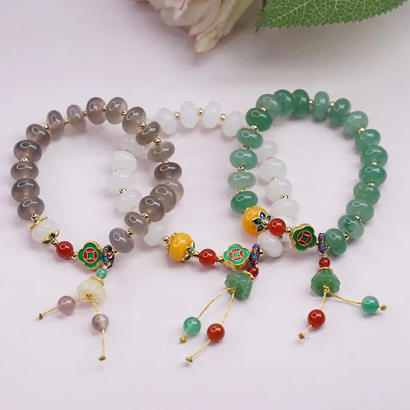 Ruifan Lotus Green/White/Gray Natural Jade Agate Beaded Strand Bracelets for Women Female Fine Jewelry Accessories YBR536